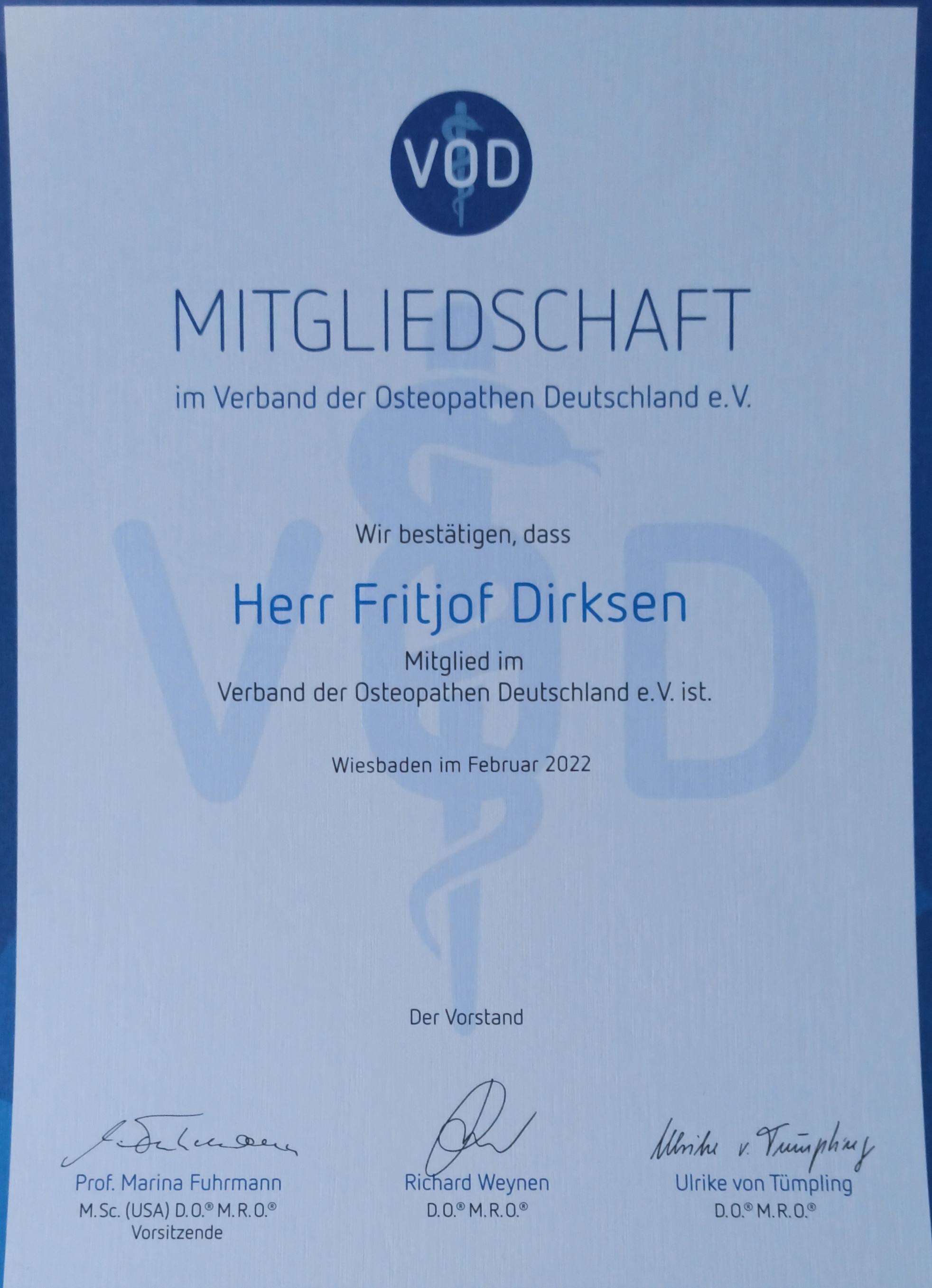 Nachweis der Mitgliedschaft im Verband der Osteopathen Deutschland e.V. (VOD)